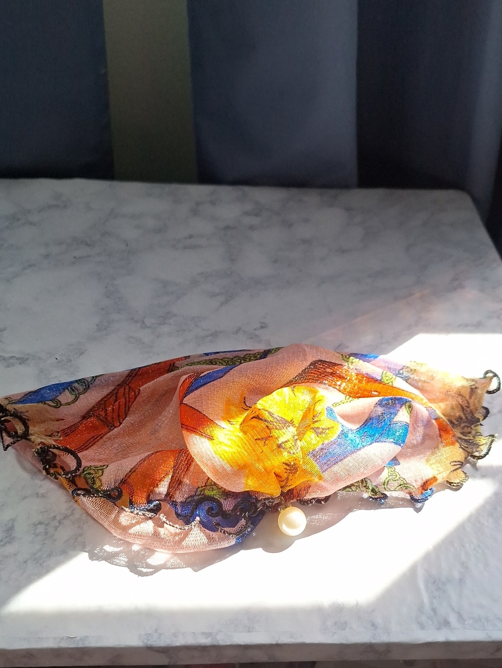 Sheer Floral Print Scarf in Peach and Blue